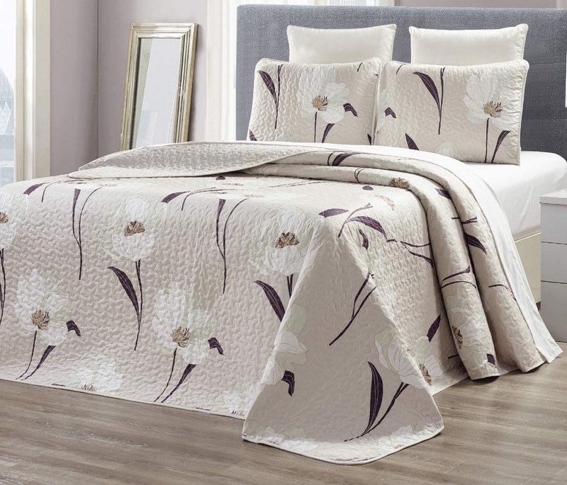 Grand Linen - 3-Piece Fine Printed Oversize (115 X 95) Quilt Set Reversible Bedspread Coverlet King Size Bed Cover (Taupe, Brown, White Tulip Floral)